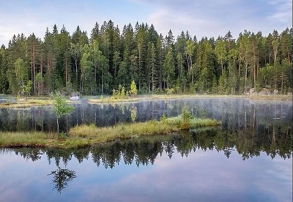 Autumn landscape with reflections and fog at moody morning in Nuuksio National Park, Finland