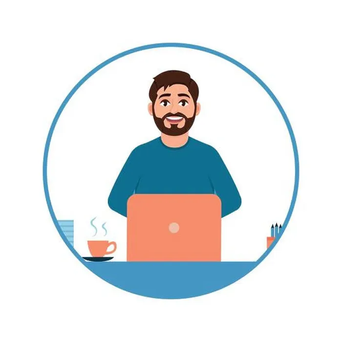 Framed Print : Avatar of a young bearded guy who works on a laptop