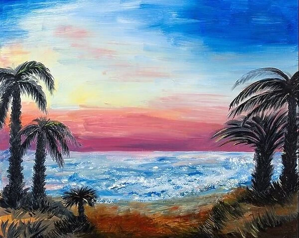 Awesome painting backgruond, nature with ocean and palms near