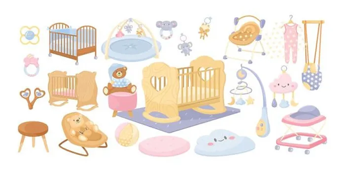 Framed Print : Baby bedroom interior elements vector illustrations set Framed Print : Baby bedroom interior elements vector illustrations set
