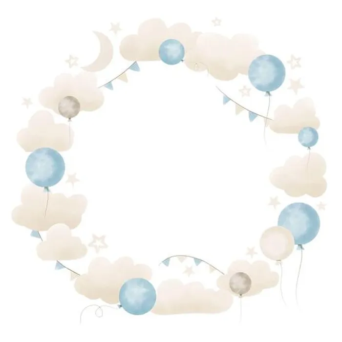 Framed Print : Baby round Frame with Clouds and Balloons in pastel blue and beige colors Framed Print : Baby round Frame with Clouds and Balloons in pastel blue and beige colors