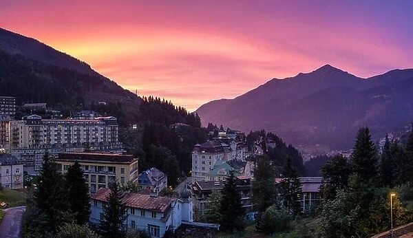 Bad Gastein, Austria - July 25, 2019 : Beautiful and idyllic Bad gastein mountain village with amazing sunset colours at summer evening in Alps Austri