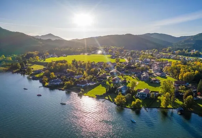 Framed Print : Bad Wiessee. Tegernsee lake in Bavaria. Germany. Aerial Panorama. Beautiful and famous Spot Framed Print : Bad Wiessee. Tegernsee lake in Bavaria. Germany. Aerial Panorama. Beautiful and famous Spot