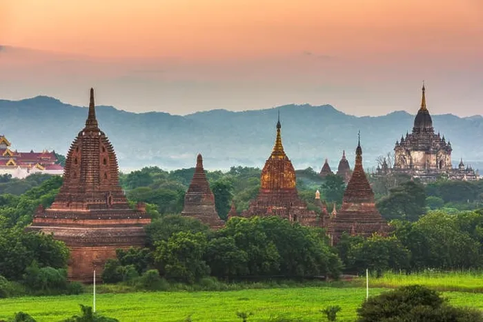 Framed Print : Bagan, Myanmar ancient temple ruins landscape in the archaeological zone at dusk Framed Print : Bagan, Myanmar ancient temple ruins landscape in the archaeological zone at dusk
