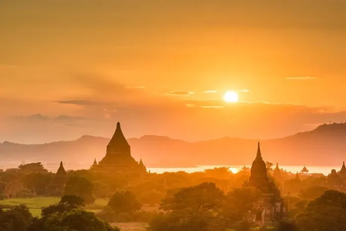 Framed Print : Bagan, Myanmar ancient temple ruins landscape in the archaeological zone at dusk Framed Print : Bagan, Myanmar ancient temple ruins landscape in the archaeological zone at dusk