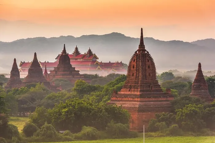 Framed Print : Bagan, Myanmar ancient temple ruins landscape in the archaeological zone at dusk Framed Print : Bagan, Myanmar ancient temple ruins landscape in the archaeological zone at dusk