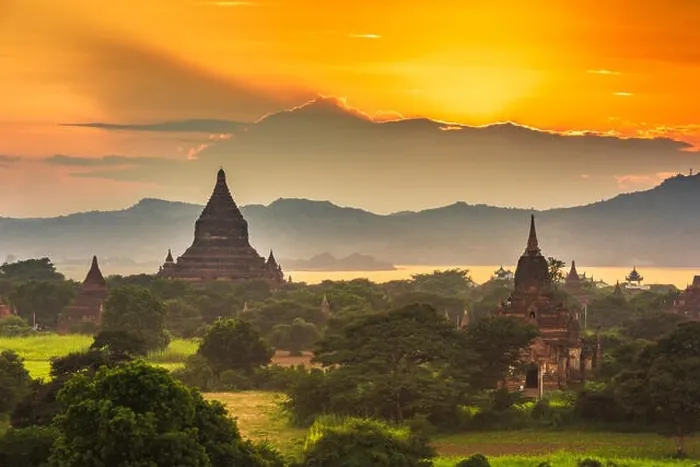 Framed Print : Bagan, Myanmar ancient temple ruins landscape in the archaeological zone at dusk Framed Print : Bagan, Myanmar ancient temple ruins landscape in the archaeological zone at dusk