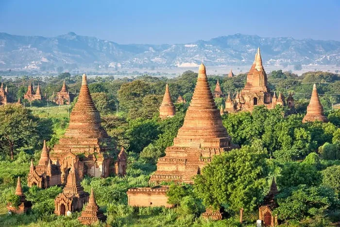 Framed Print : Bagan, Myanmar ancient temple ruins landscape in the archaeological zone at dusk