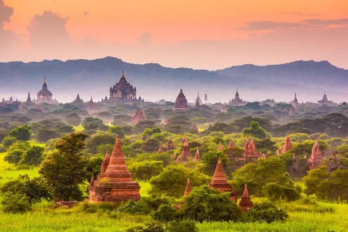 Framed Print : Bagan, Myanmar ancient temple ruins landscape in the archaeological zone at dusk Framed Print : Bagan, Myanmar ancient temple ruins landscape in the archaeological zone at dusk
