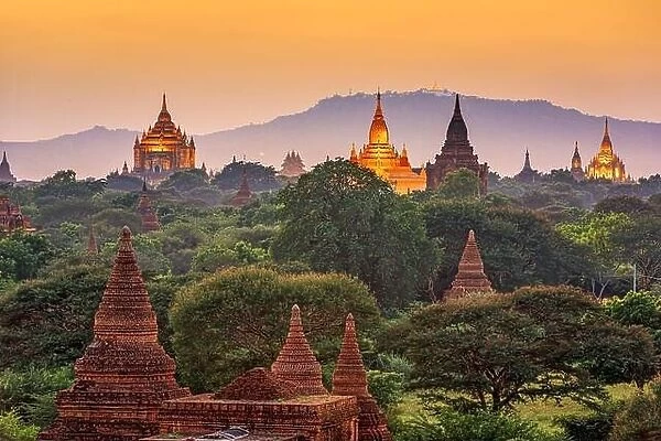 Bagan, Myanmar temples in the Archaeological Zone at dusk