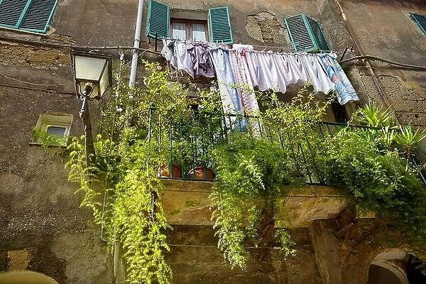 Balcony decorated with flowers, Pitigliano, Tuscany, Italy