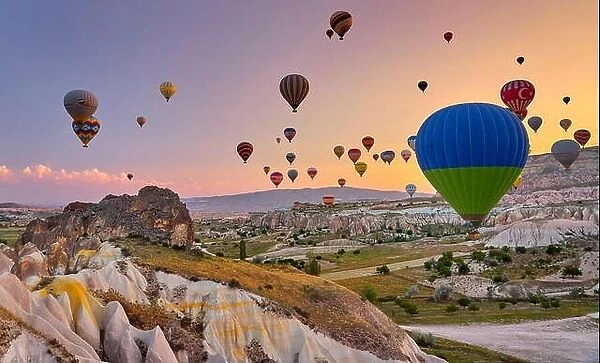 Balloons at sunrise, Goreme, Cappadocia, Anatolia, Turkey