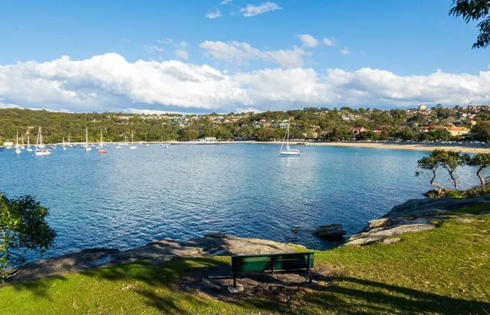 Framed Print : Balmoral Beach, Sydney, Australia. View from island on a sunny day with low clouds Framed Print : Balmoral Beach, Sydney, Australia. View from island on a sunny day with low clouds