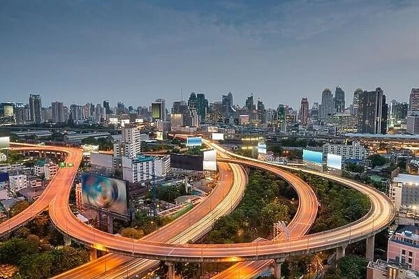 Bangkok, Thailand Cityscape at Dusk with Highways