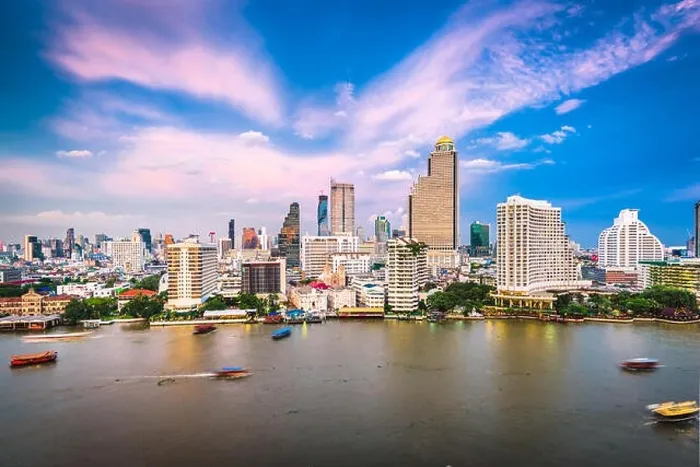 Framed Print : Bangkok, Thailand cityscape on the river at dusk Framed Print : Bangkok, Thailand cityscape on the river at dusk