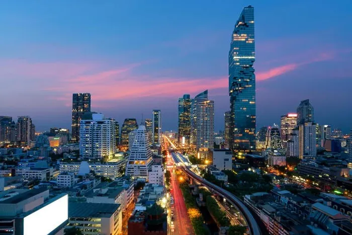 Framed Print : Bangkok Transportation at Dusk with Modern Business Building from top view in Bangkok, Thailand Framed Print : Bangkok Transportation at Dusk with Modern Business Building from top view in Bangkok, Thailand