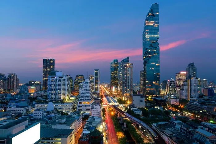 Framed Print : Bangkok Transportation at Dusk with Modern Business Building from top view in Bangkok, Thailand Framed Print : Bangkok Transportation at Dusk with Modern Business Building from top view in Bangkok, Thailand