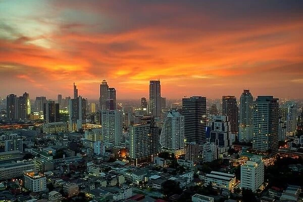 Bangkok view with skyscraper in business district with dramatic sky during sunset in Bangkok Thailand