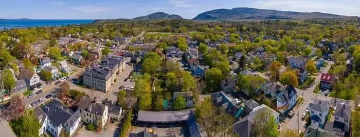 Framed Print : Bar Harbor historic town center aerial view on Main Street with Cadillac Mountain in Acadia National Park Framed Print : Bar Harbor historic town center aerial view on Main Street with Cadillac Mountain in Acadia National Park