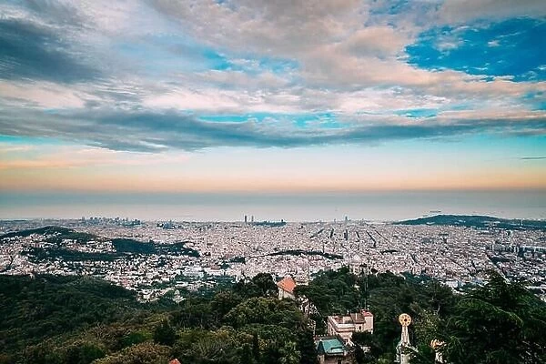 Barcelona, Spain. Aerial View Evening Panorama Of The City Cityscape From The Mountain Of Tibidabo