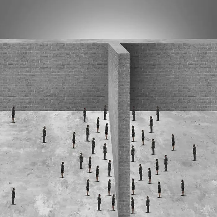 Framed Print : Barrier to business and restricted access to people due to a brick wall obstacle blocking communication