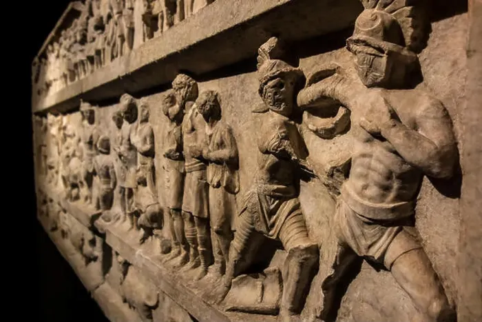 Framed Print : Bas-relief depicting pompa triumphalis  /  opening ceremony with gladiator and animal fights at Pompeii, Italy, 20-50 AD