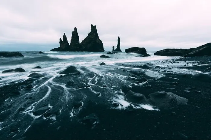 Framed Print : Basalt rock formations Troll toes on black beach. Reynisdrangar, Vik, Iceland Framed Print : Basalt rock formations Troll toes on black beach. Reynisdrangar, Vik, Iceland
