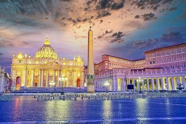 Basilica di San Pietro, Vatican, Rome, Italy. Sunset light with cloudy sky