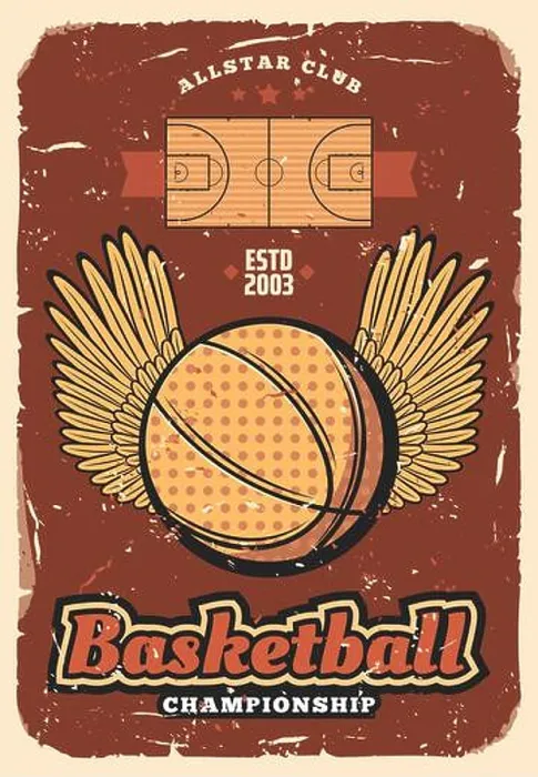 Framed Print : Basketball retro poster of ball with winner wings on sport court