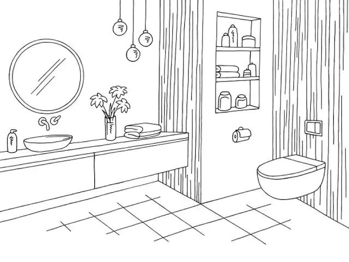 Framed Print : Bathroom graphic home interior black white sketch illustration vector Framed Print : Bathroom graphic home interior black white sketch illustration vector