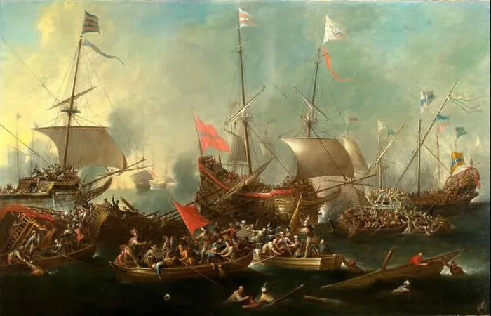 Framed Print : The Battle of Lepanto - A Sea Battle between Christians and Barbary Corsairs, 1615-20 by Andries van Eertvelt Framed Print : The Battle of Lepanto - A Sea Battle between Christians and Barbary Corsairs, 1615-20 by Andries van Eertvelt