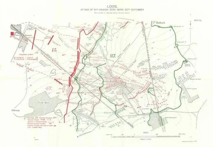 Framed Print : Battle of Loos, 15th Division attack Zero-Noon 25th Sept 1915. Trenches 1927 map Framed Print : Battle of Loos, 15th Division attack Zero-Noon 25th Sept 1915. Trenches 1927 map