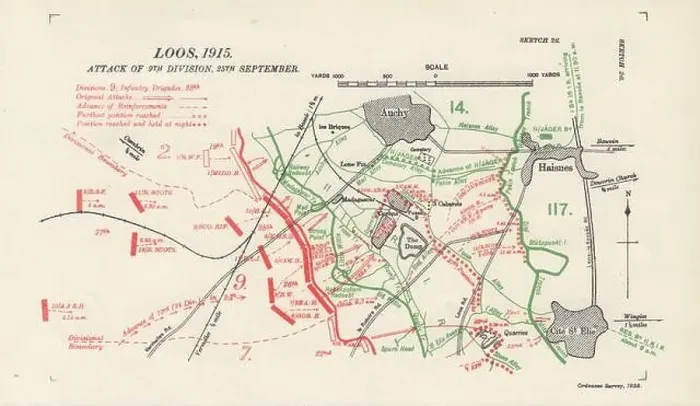 Framed Print : Battle of Loos, 9th Division attack, 25th September 1915. WW1. Trenches 1928 map Framed Print : Battle of Loos, 9th Division attack, 25th September 1915. WW1. Trenches 1928 map
