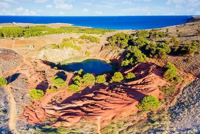 Framed Print : Bauxite quarry abandoned mine and small lake, aerial view, Otranto, Lecce province, Apulia, Italy Framed Print : Bauxite quarry abandoned mine and small lake, aerial view, Otranto, Lecce province, Apulia, Italy