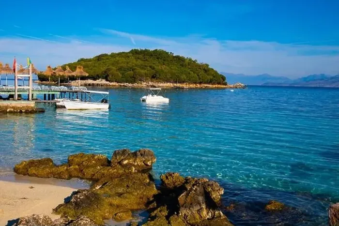 Framed Print : Bay in the Ksamil with ships and islands. Ionian Sea in Albania Framed Print : Bay in the Ksamil with ships and islands. Ionian Sea in Albania