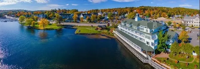 Framed Print : Bay point at Mill Falls with fall foliage panoramic aerial view with Meredith Bay in Lake Winnipesaukee in town of Framed Print : Bay point at Mill Falls with fall foliage panoramic aerial view with Meredith Bay in Lake Winnipesaukee in town of