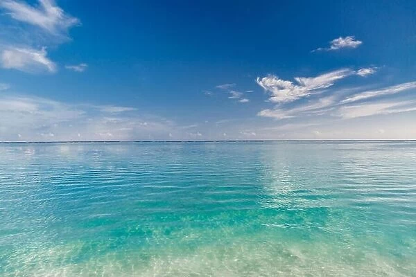 Beach and beautiful tropical sea. Caribbean or Maldives summer sea with blue water. White clouds on a blue sky over summer sea. Relaxing tropical sea
