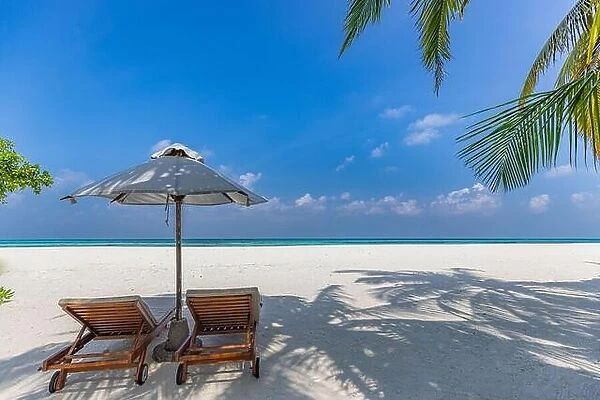 Two beach beds for couple beach travel. Summer nature landscape, tropical island shore, sea view, horizon. Exotic white sandy beach, relaxing blue sky