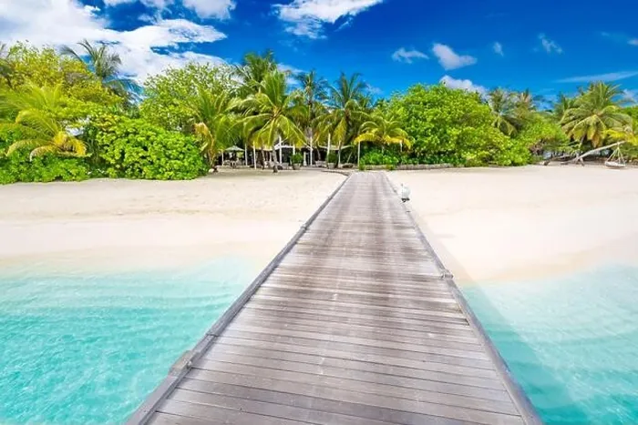 Framed Print : Beach with jetty on a tropical island. Maldives luxury paradise landscape. White sand over blue lagoon into palm tree covered island. Exotic travel Framed Print : Beach with jetty on a tropical island. Maldives luxury paradise landscape. White sand over blue lagoon into palm tree covered island. Exotic travel