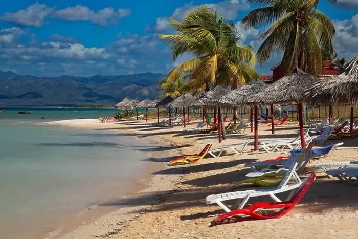 Framed Print : Beach with parasol, sun lounger Framed Print : Beach with parasol, sun lounger