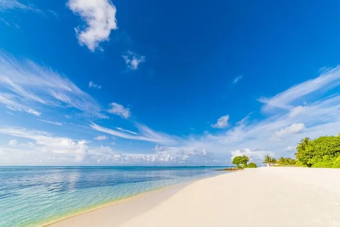 Framed Print : Empty beach scene under blue sky. Soft white sand and beautiful sea view Framed Print : Empty beach scene under blue sky. Soft white sand and beautiful sea view
