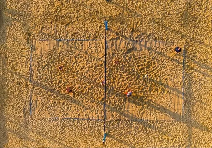 Framed Print : Beach Volleyball Fields in Public Urban Park. Top Down Abstract Aerial Drone View Framed Print : Beach Volleyball Fields in Public Urban Park. Top Down Abstract Aerial Drone View