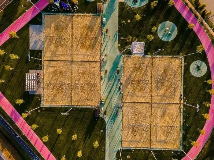 Framed Print : Beach Volleyball in Urban Park. Abstract Drone Top Down View Framed Print : Beach Volleyball in Urban Park. Abstract Drone Top Down View