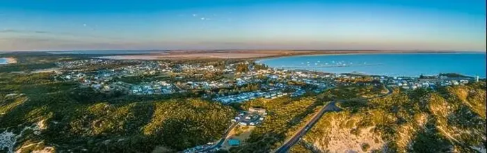 Framed Print : Beachport town located on ocean shore in South Australia - wide aerial panorama at sunset Framed Print : Beachport town located on ocean shore in South Australia - wide aerial panorama at sunset