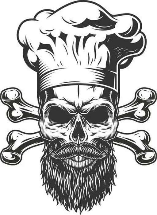 Framed Print : Bearded and mustached chef skull with crossbones in vintage monochrome style isolated vector illustration