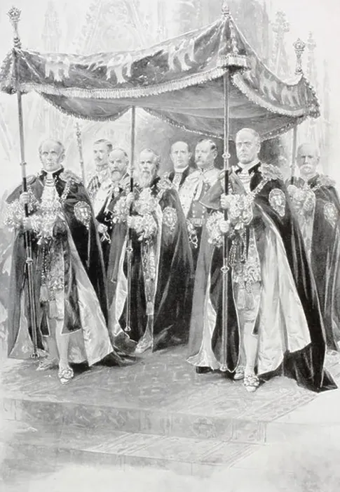 Framed Print : The Bearers of the Canopy over King George V, during the annointing at his coronation ceremony in 1910 Framed Print : The Bearers of the Canopy over King George V, during the annointing at his coronation ceremony in 1910