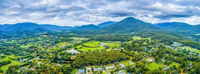 Framed Print : Beautiful aerial panorama of Healesville township and surrounding countryside with forest and mountains in Victoria Framed Print : Beautiful aerial panorama of Healesville township and surrounding countryside with forest and mountains in Victoria