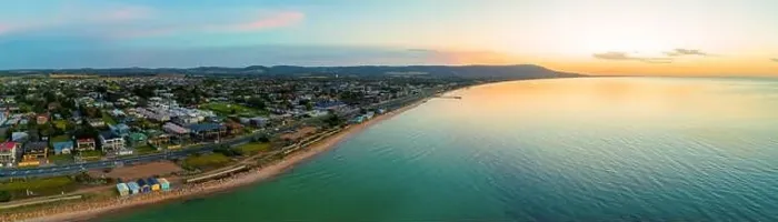 Framed Print : Beautiful aerial panorama of Mornington Peninsula coastline and Port Phillip Bay at dusk Framed Print : Beautiful aerial panorama of Mornington Peninsula coastline and Port Phillip Bay at dusk