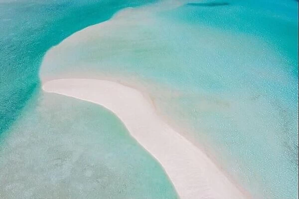 Beautiful aerial photo of exotic sandbank, idyllic tropical beach landscape, blue sea ripples and white sand. Romantic and relaxing summer mood