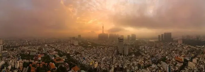 Framed Print : Beautiful aerial urban sunrise in Southeast Asia due to an extreme air pollution level Framed Print : Beautiful aerial urban sunrise in Southeast Asia due to an extreme air pollution level